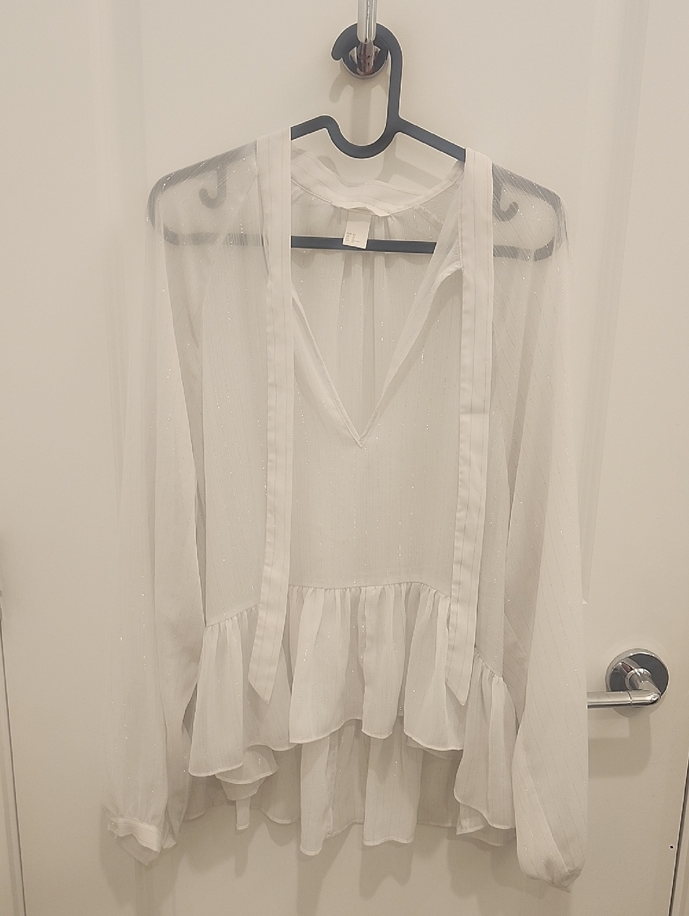 H&M Sheer White and Gold Ruffle  Hem Peplum Tie-Front Blouse Womens Size 12